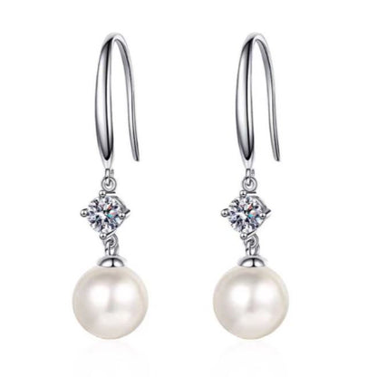 Sheena Round Pearl & Diamond Dangling Earrings whitegold