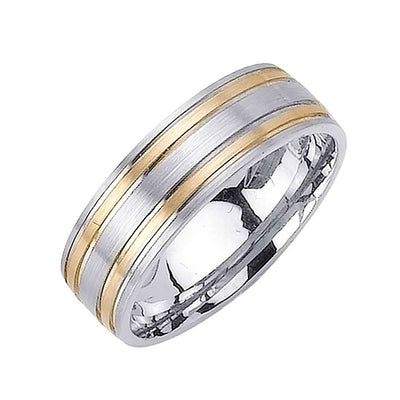 7mm Brushed White Gold with Yellow Lines Flat Two Tone Men's Wedding Band