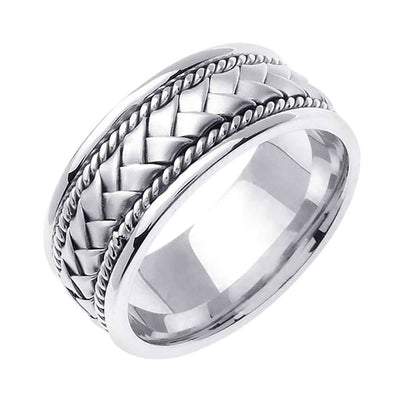 8.5mm Braided Center Rope Accent Handmade Men's Wedding Band 14k White Gold