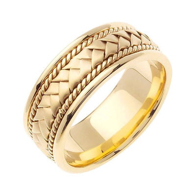 8.5mm Braided Center Rope Accent Handmade Men's Wedding Band 14k Yellow Gold