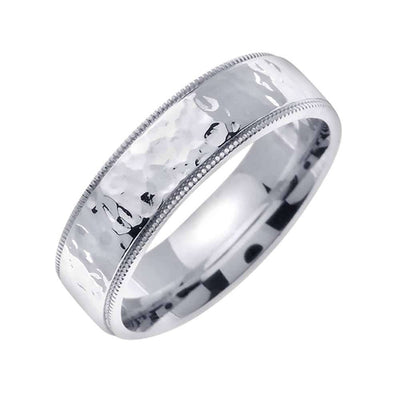 7mm Polished Hammered  Handmade Men's Wedding Band (14k White Gold)