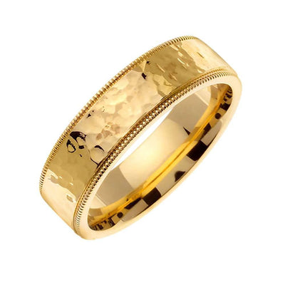 7mm Polished Hammered  Handmade Men's Wedding Band (14k Yellow Gold)