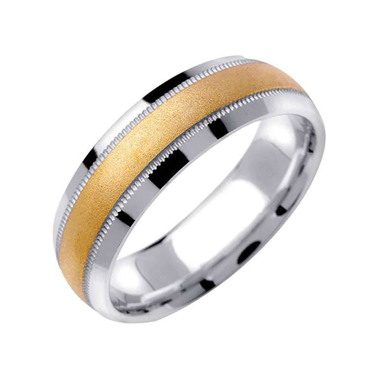 6.5mm Bevel Edge Satin Finish Center with 2 Rows Milgrain Two Tone Men's Wedding Band - BeverlyDiamonds