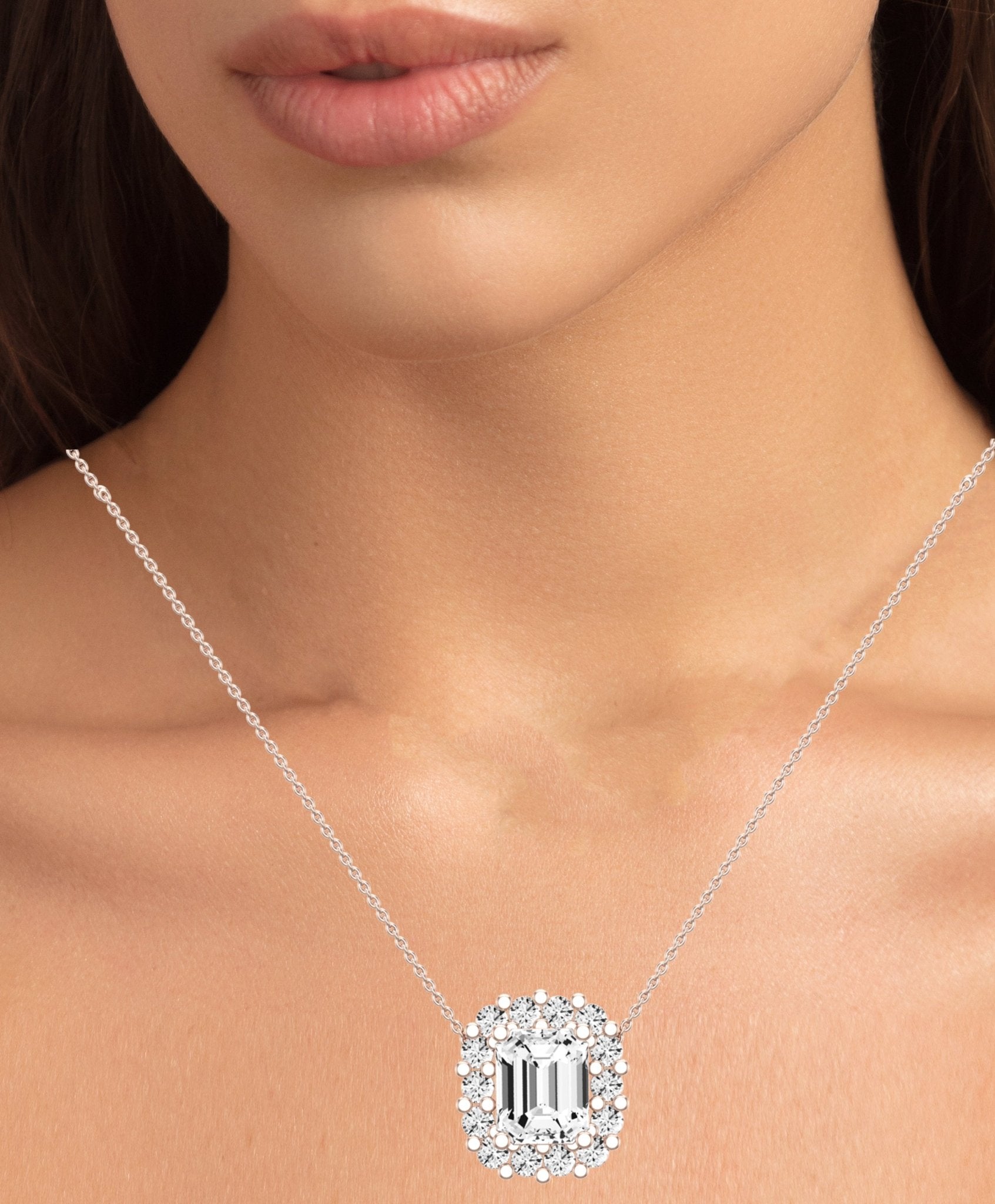 Angelwing Emerald Cut Diamond Halo Necklace (Clarity Enhanced) rosegold