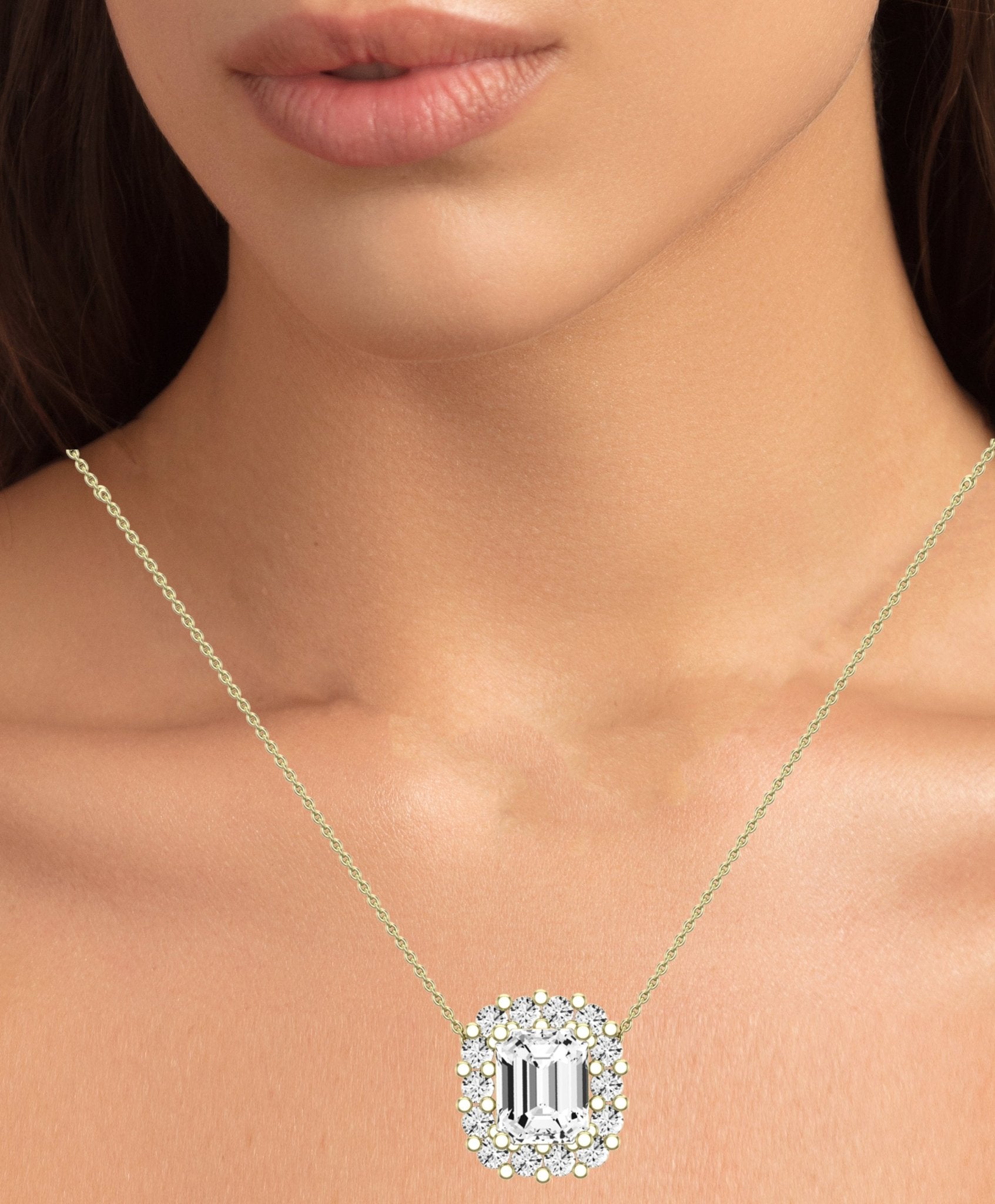 Angelwing Emerald Cut Moissanite Halo Necklace yellowgold