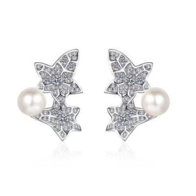 Ariel Round Leaf Pearl &  Diamond Stud Earrings whitegold