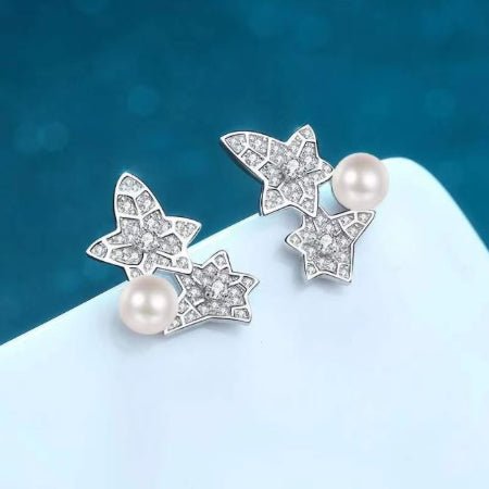 Ariel Round Leaf Pearl &  Moissanite Stud Earrings whitegold