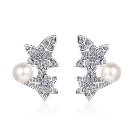 Ariel Round Leaf Pearl &  Moissanite Stud Earrings whitegold