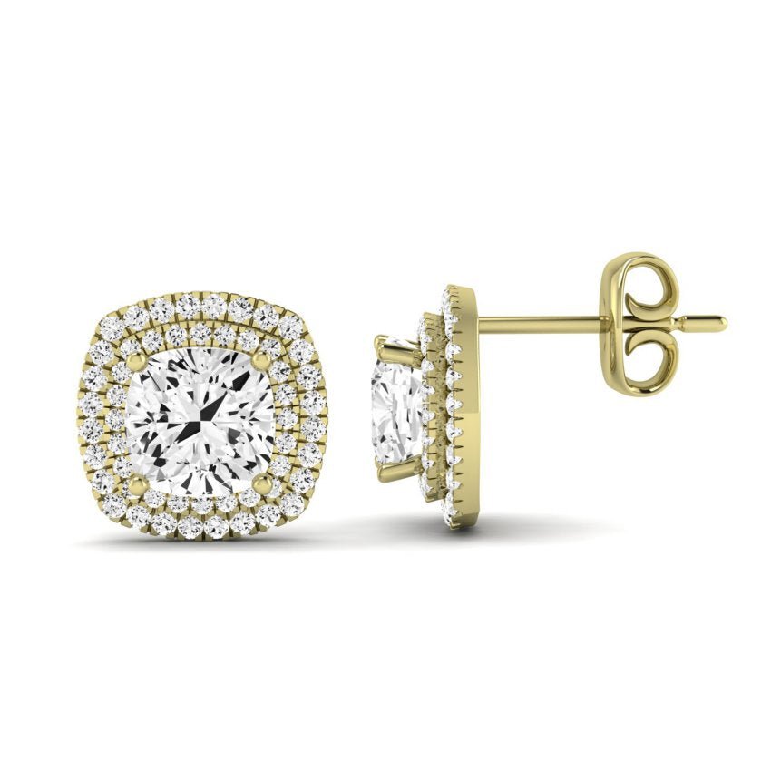 Cerise Cushion Cut Diamond Halo Stud Earrings (Clarity Enhanced) yellowgold