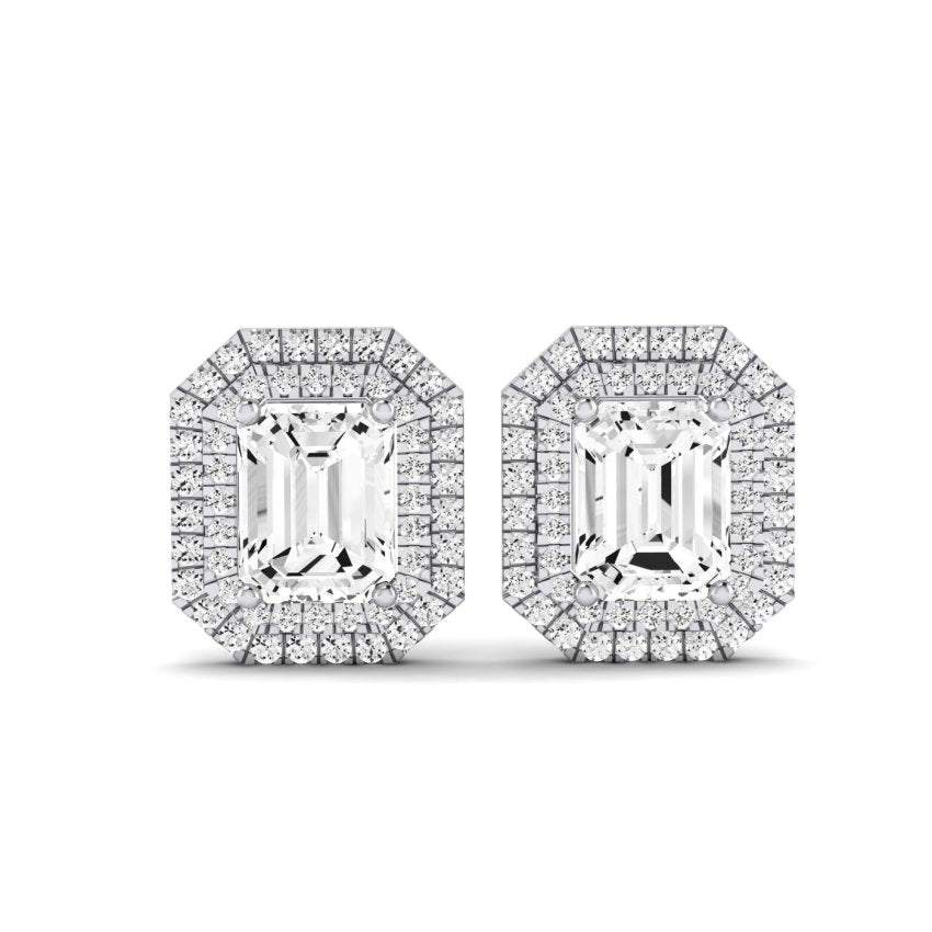 Cerise Emerald Cut Diamond Halo Stud Earrings (Clarity Enhanced) whitegold