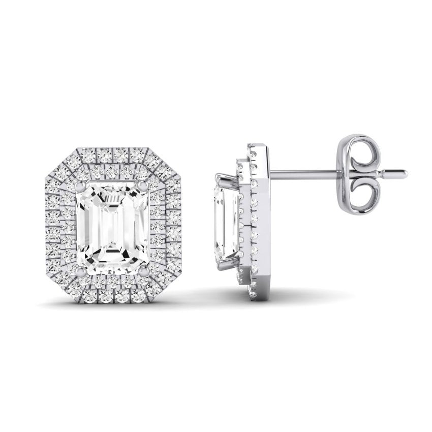 Cerise Emerald Cut Diamond Halo Stud Earrings (Clarity Enhanced) whitegold