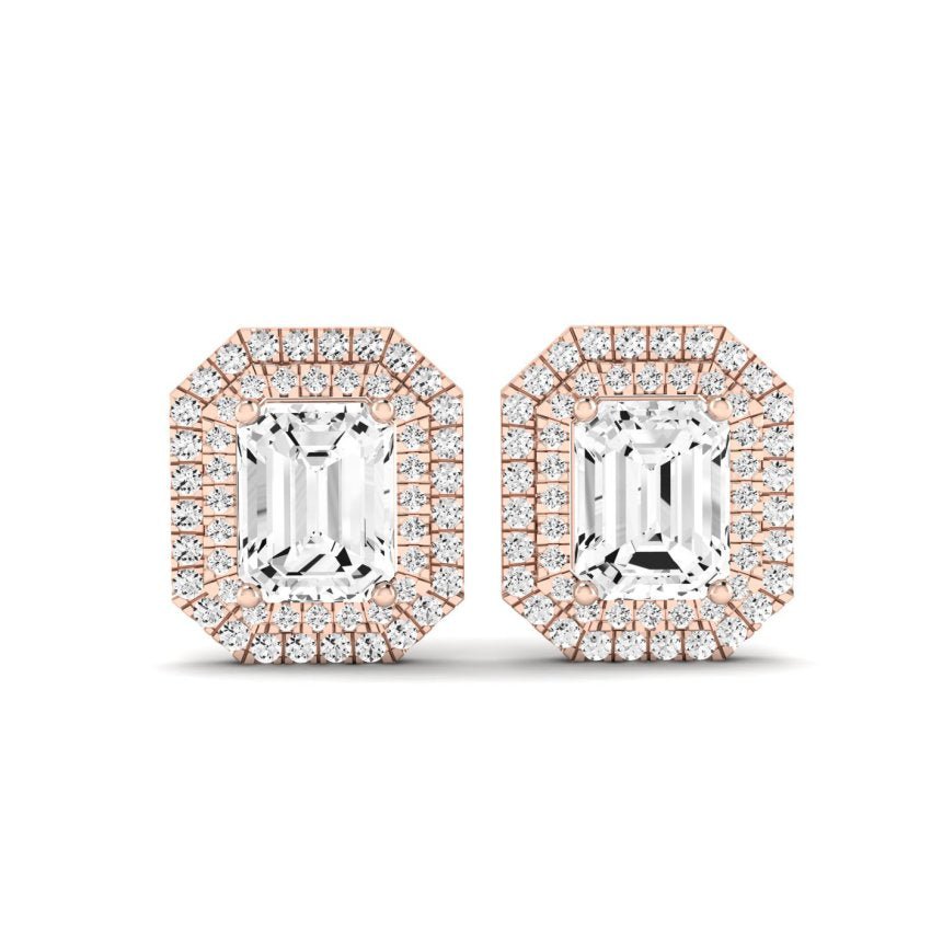 Cerise Emerald Cut Diamond Halo Stud Earrings (Clarity Enhanced) rosegold