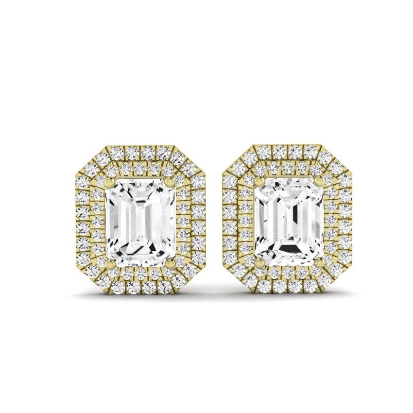 Cerise Emerald Cut Diamond Halo Stud Earrings (Clarity Enhanced) yellowgold