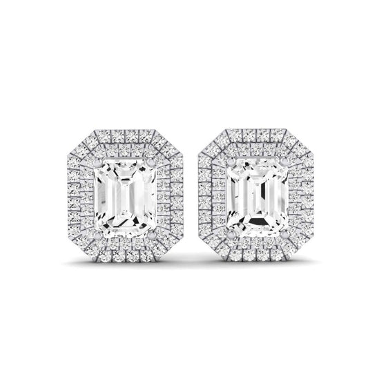 Cerise Emerald Cut Diamond Halo Stud Earrings (Clarity Enhanced) whitegold