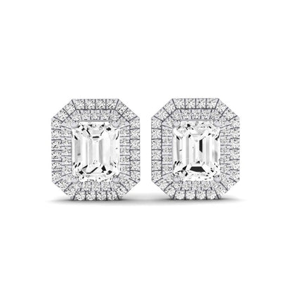 Cerise Emerald Cut Moissanite Halo Stud Earrings whitegold