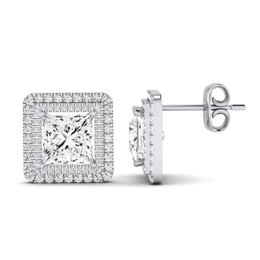 Cerise Princess Cut Diamond Halo Stud Earrings (Clarity Enhanced) whitegold