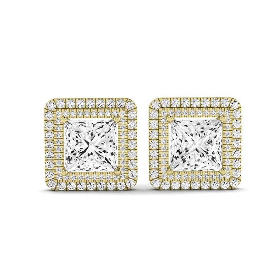 Cerise Princess Cut Diamond Halo Stud Earrings (Clarity Enhanced) yellowgold