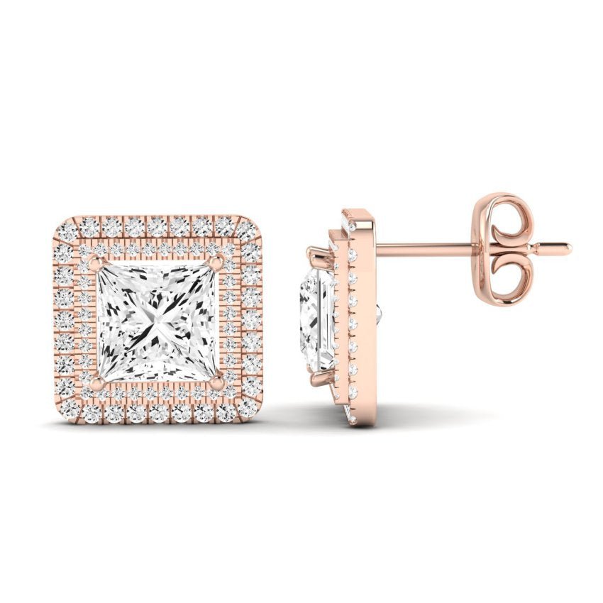 Cerise Princess Cut Diamond Halo Stud Earrings (Clarity Enhanced) rosegold