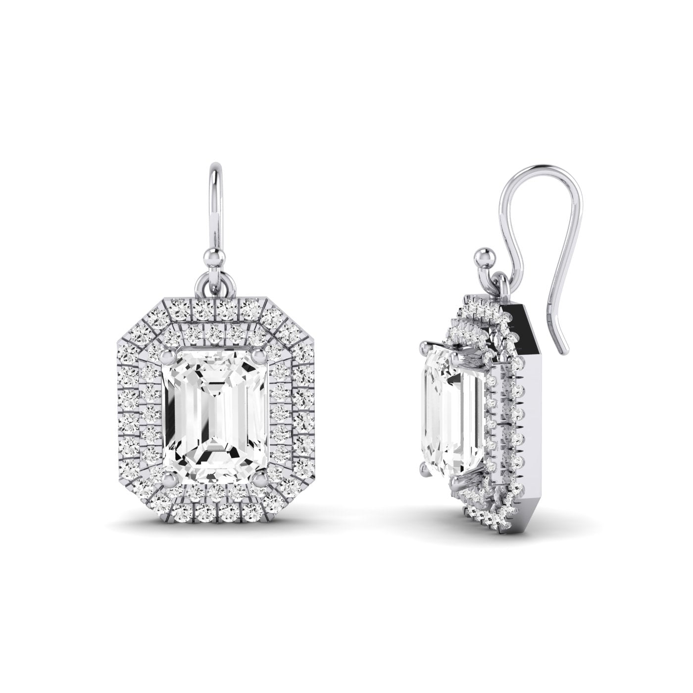 Forrest Emerald Cut Diamond Halo Drop Earrings (Clarity Enhanced) whitegold