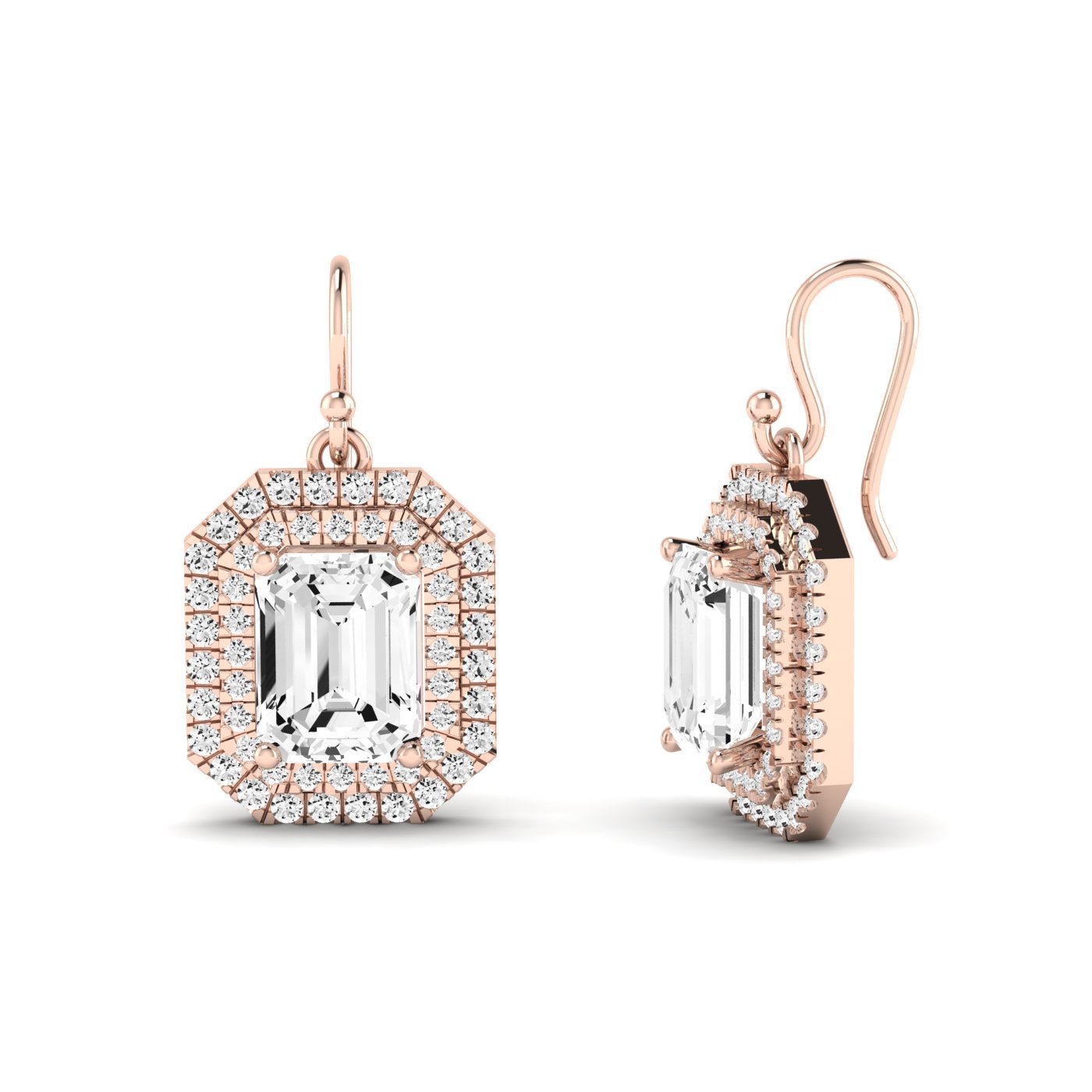 Forrest Emerald Cut Diamond Halo Drop Earrings (Clarity Enhanced) rosegold