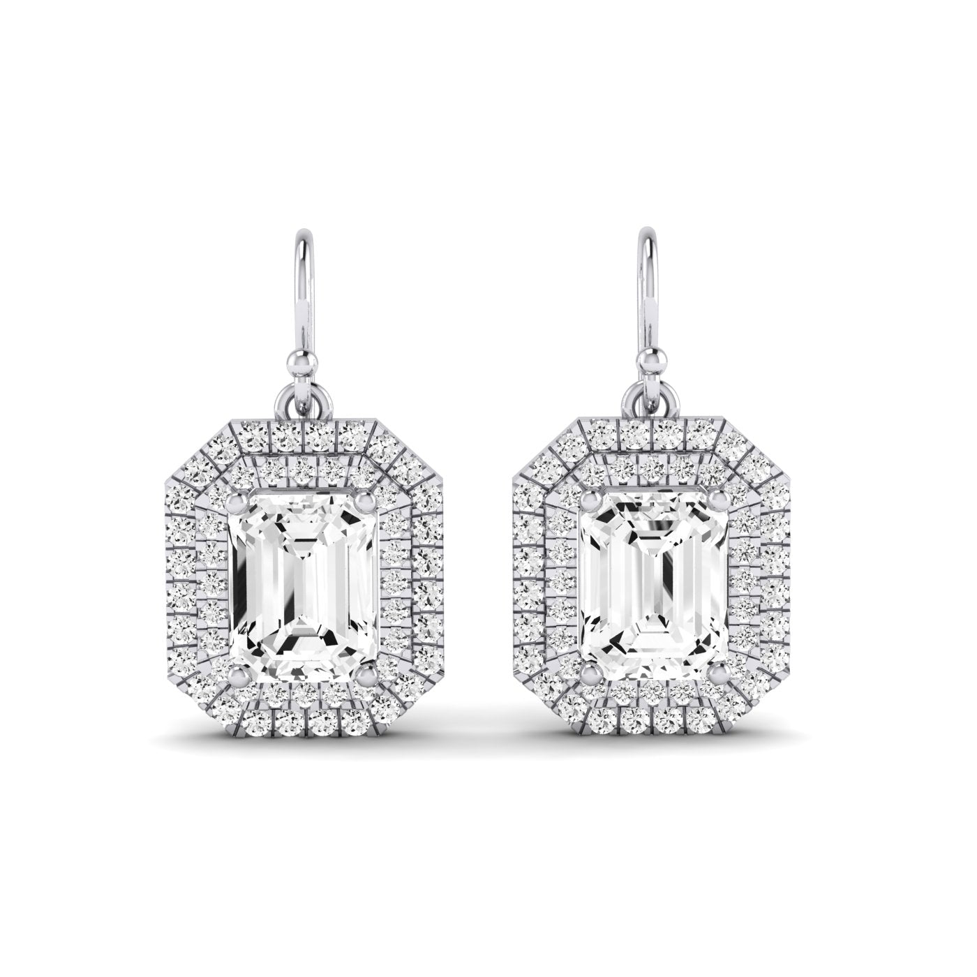 Forrest Emerald Cut Diamond Halo Drop Earrings (Clarity Enhanced) whitegold