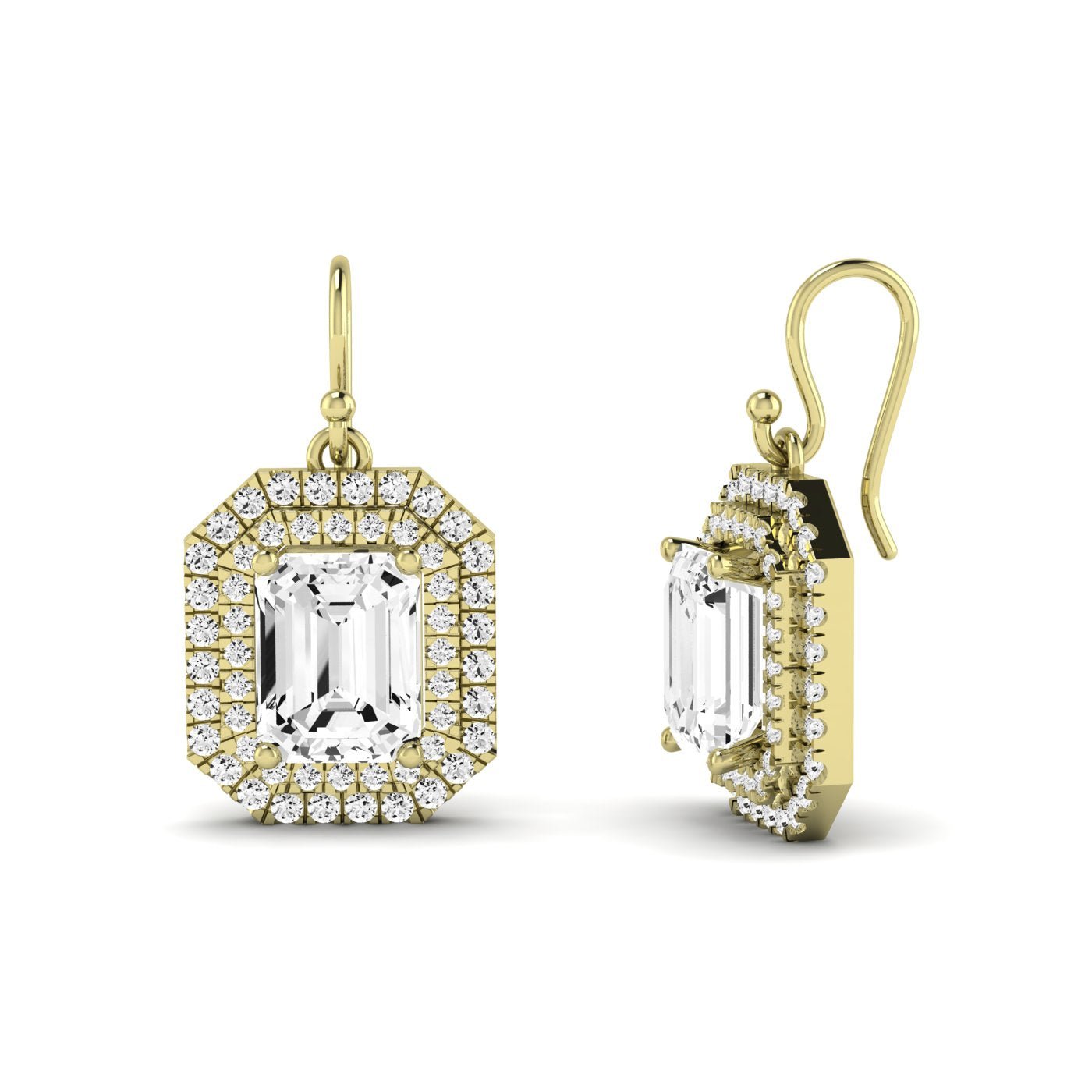 Forrest Emerald Cut Diamond Halo Drop Earrings (Clarity Enhanced) yellowgold