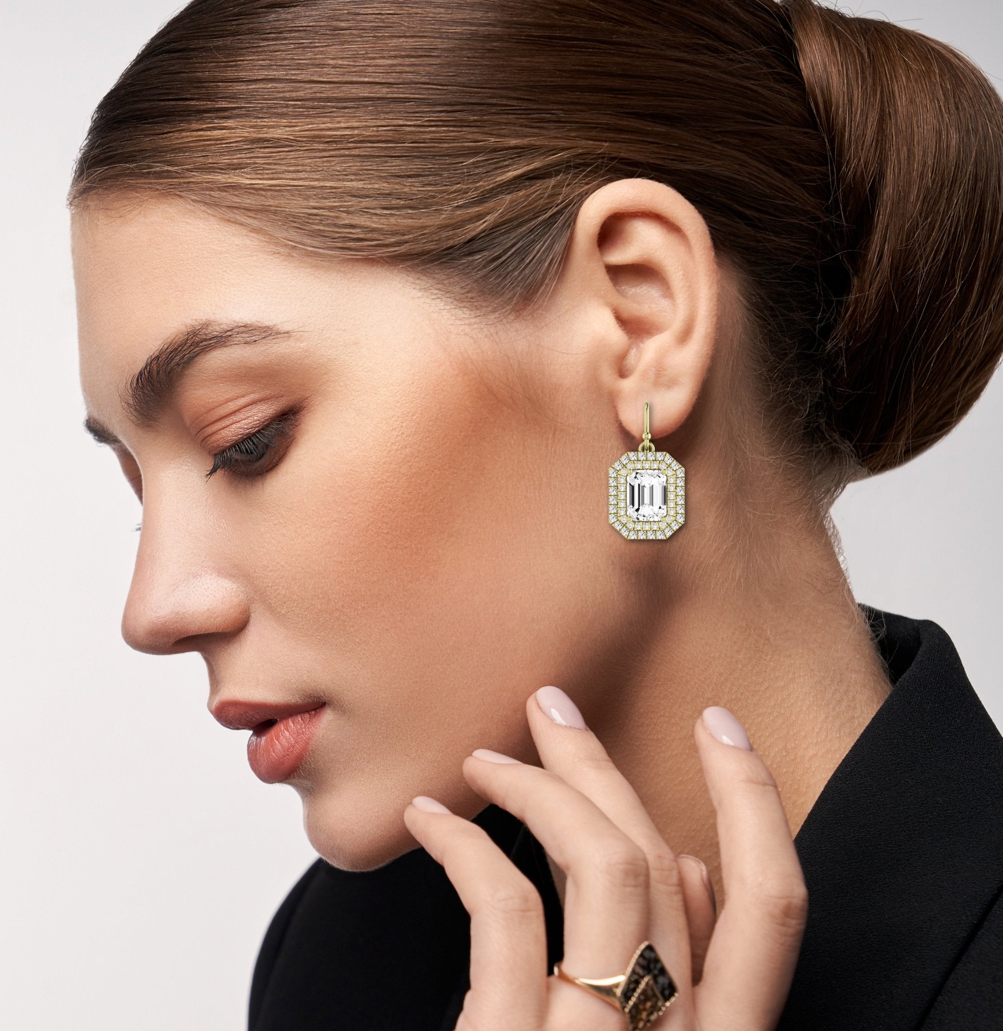 Forrest Emerald Cut Moissanite Halo Drop Earrings yellowgold