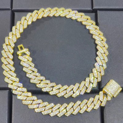 19ct TCW  Iced Out Diamond Cuban Link Chain Necklace (14K Yellow Gold)