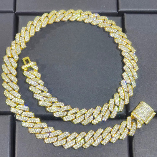 19ct TCW  Iced Out Moissanite Cuban Link Chain Necklace (14K Yellow Gold)