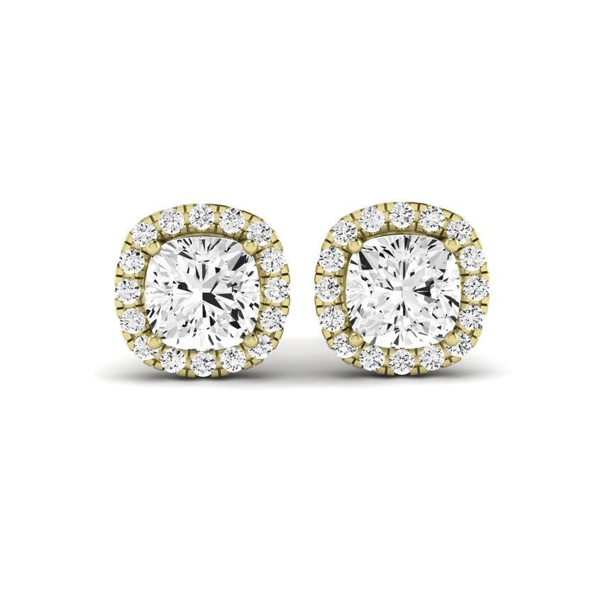 Meadow Cushion Cut Diamond Halo Stud Earrings (Clarity Enhanced) yellowgold