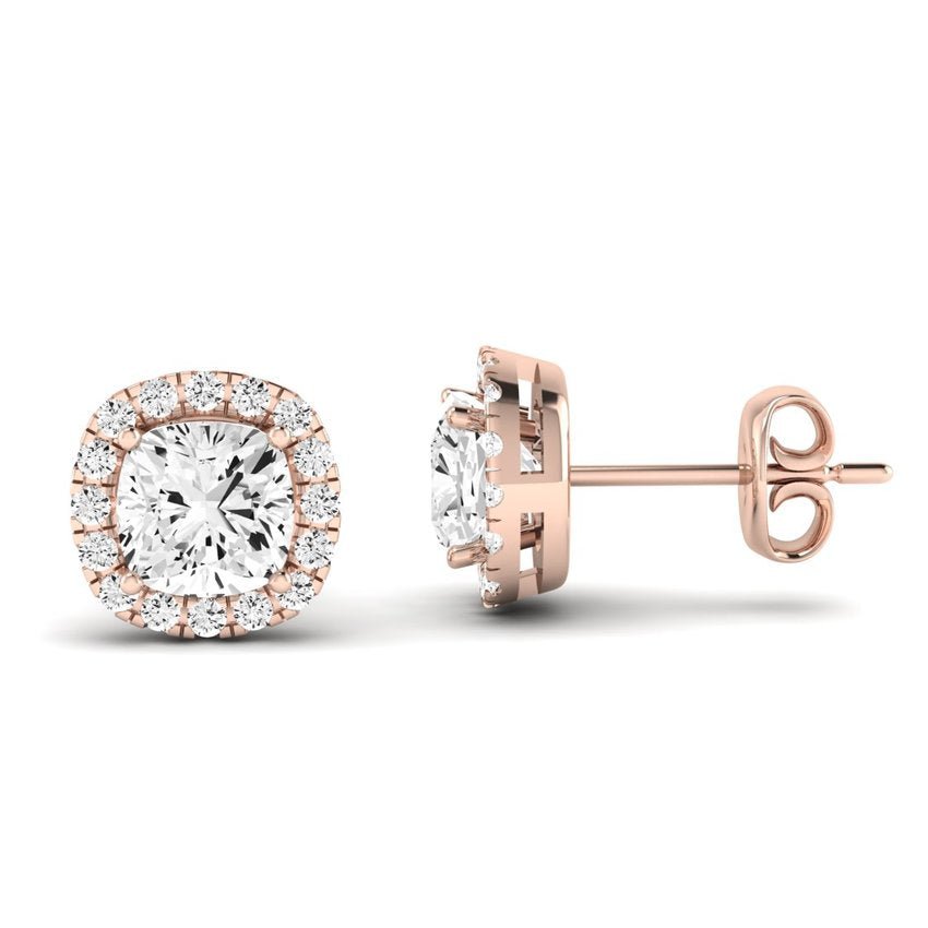 Meadow Cushion Cut Moissanite Halo Stud Earrings rosegold