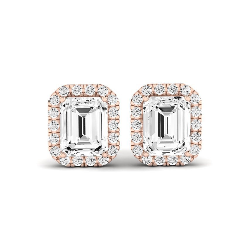 Meadow Emerald Cut Moissanite Halo Stud Earrings rosegold