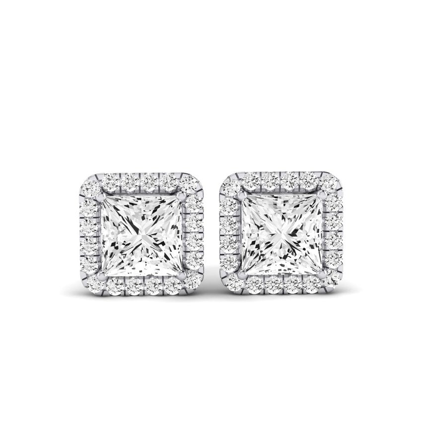 Meadow Princess Cut Moissanite Halo Stud Earrings whitegold
