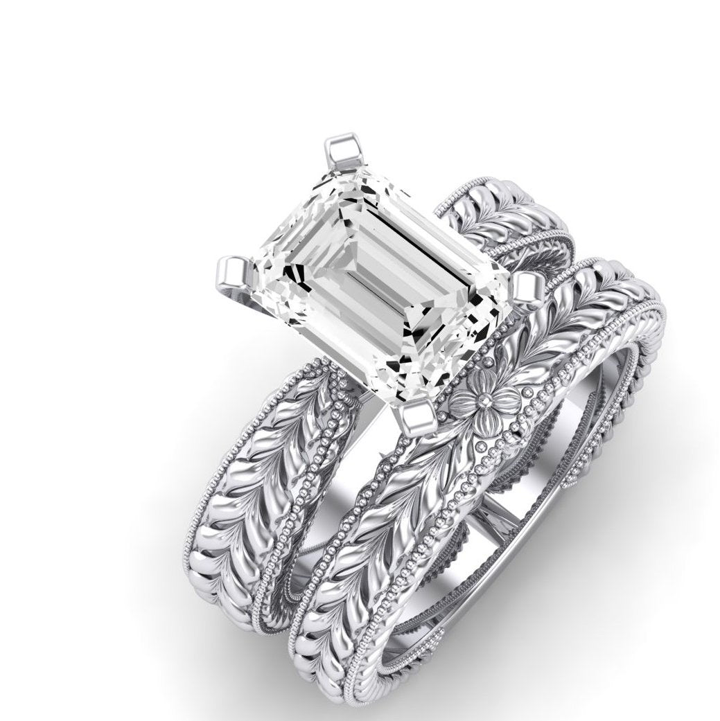 Azalea Moissanite Matching Band Only (does Not Include Engagement Ring) For Ring With Emerald Center whitegold