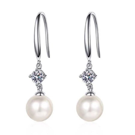 Sheena Round Pearl & Moissanite Dangling Earrings whitegold