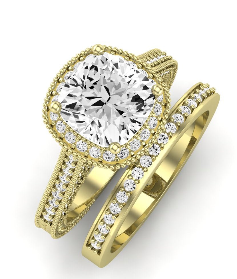 Wallflower Moissanite Matching Band Only ( Engagement Ring Not Included) For Ring With Cushion Center yellowgold
