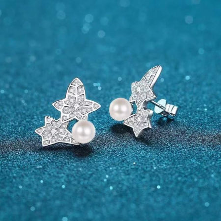 Ariel Round Leaf Pearl &  Diamond Stud Earrings whitegold