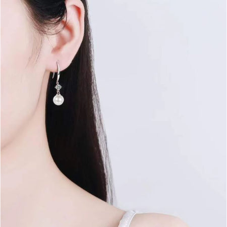 Sheena Round Pearl & Moissanite Dangling Earrings whitegold