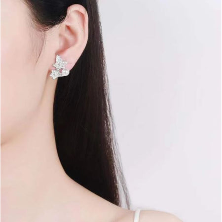 Ariel Round Leaf Pearl &  Moissanite Stud Earrings whitegold