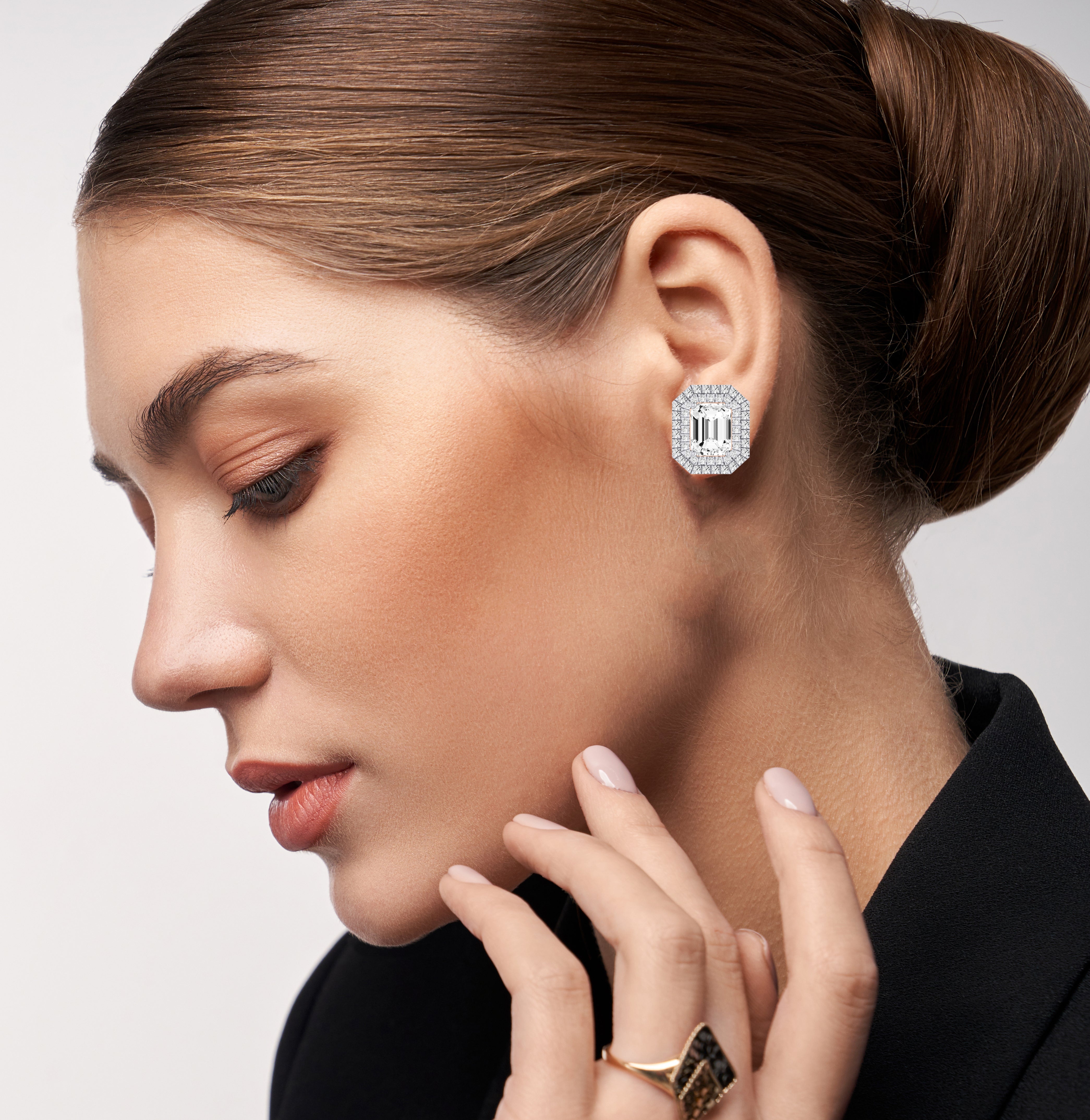 Cerise Emerald Cut Diamond Halo Stud Earrings (Clarity Enhanced) whitegold